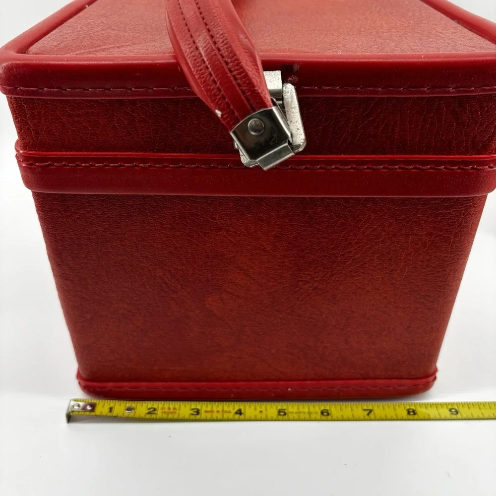 Red Orange Train Vanity Case Vintage Luggage Sesame Lined Snap Closing